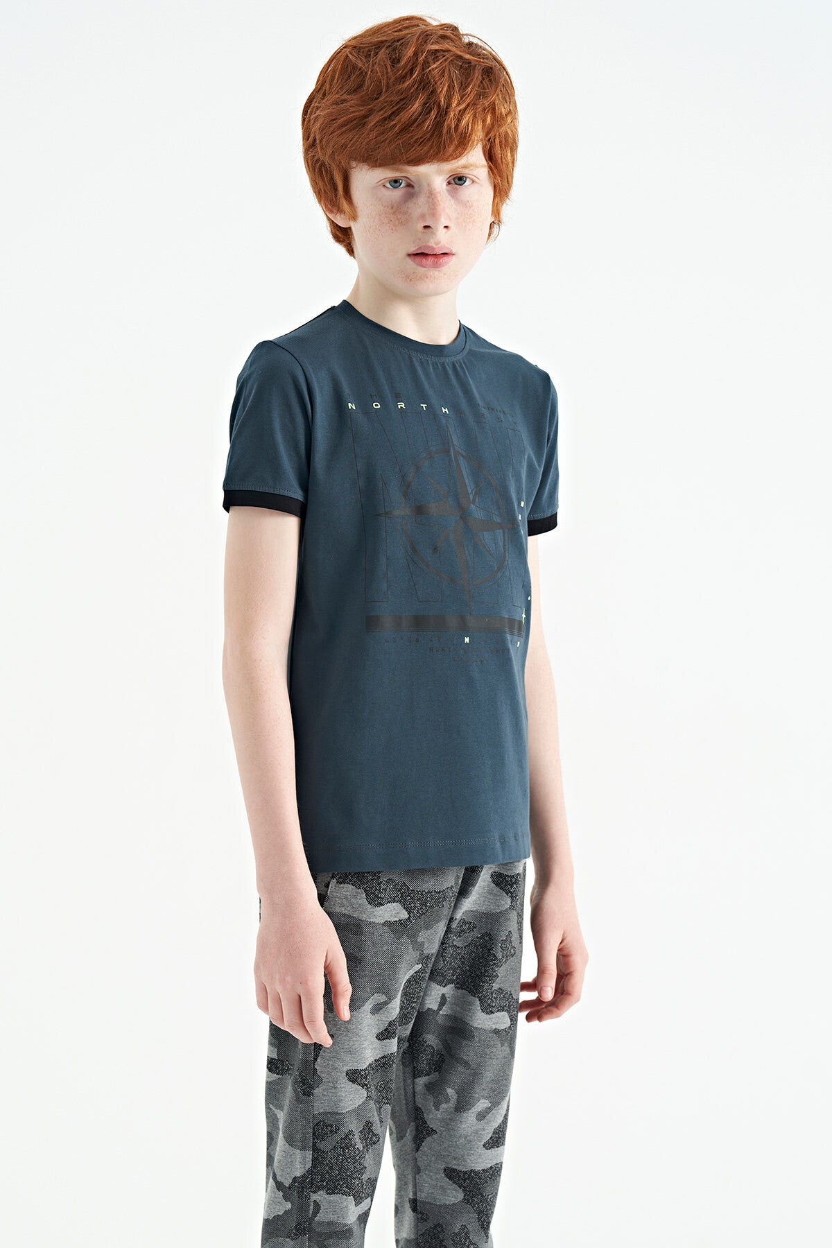 Forest Green Compass Printed Standard Fit O Collar Boys T-Shirt - 11106