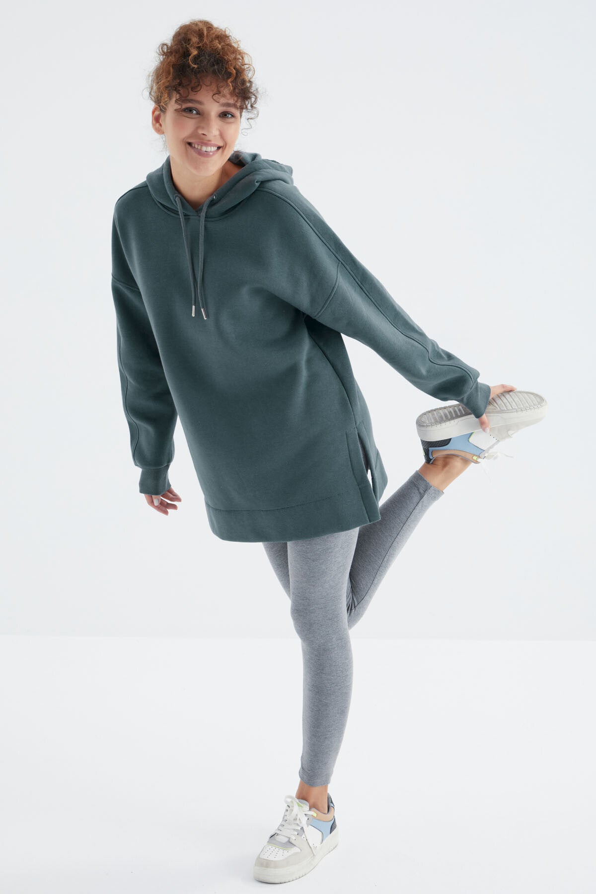 Forest Green Raglan Sleeve Basic Hooded Oversize Sweatshirt Tunic - 97242