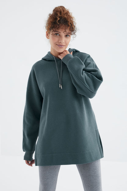 Forest Green Raglan Sleeve Basic Hooded Oversize Sweatshirt Tunic - 97242