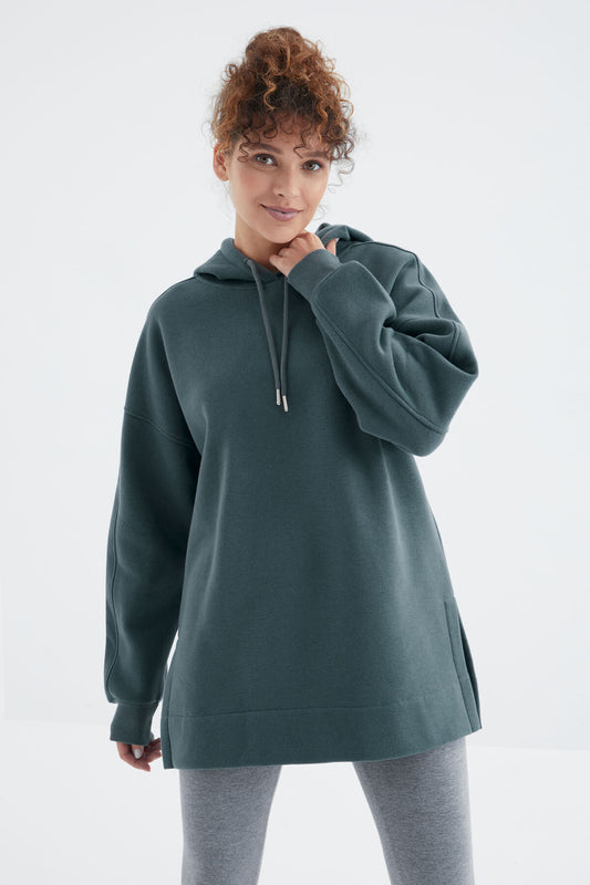 Forest Green Raglan Sleeve Basic Hooded Oversize Sweatshirt Tunic - 97242