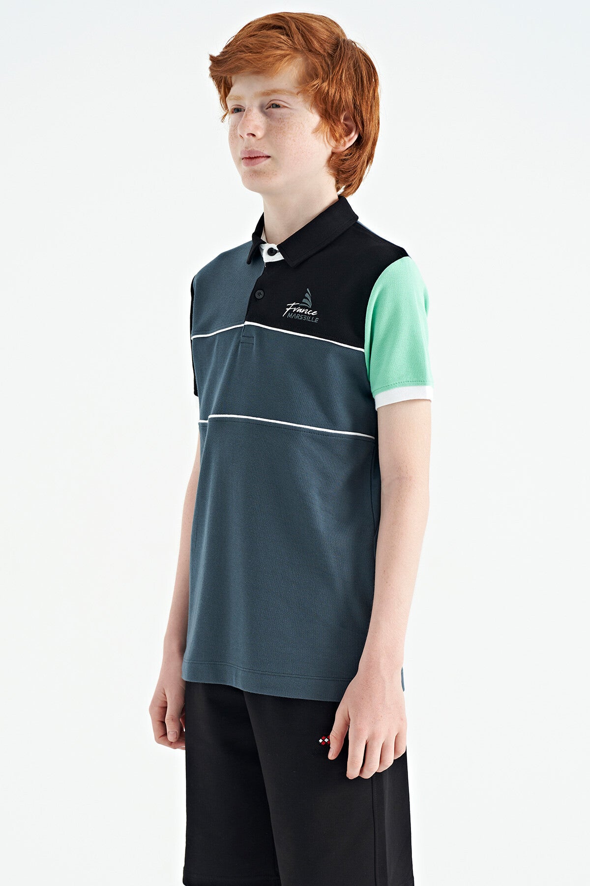 Forest Green Color Block Embroidered Letter Detailed Standard Pattern Polo Collar Boys T-Shirt - 11109
