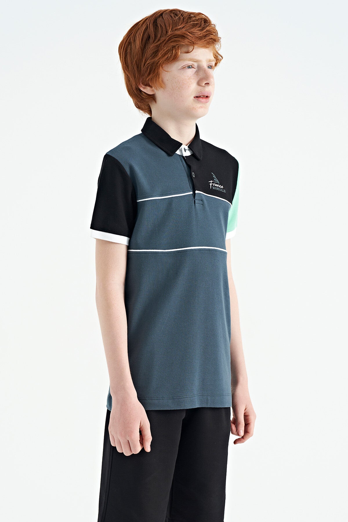 Forest Green Color Block Embroidered Letter Detailed Standard Pattern Polo Collar Boys T-Shirt - 11109