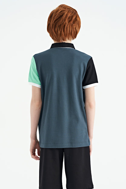 Forest Green Color Block Embroidered Letter Detailed Standard Pattern Polo Collar Boys T-Shirt - 11109