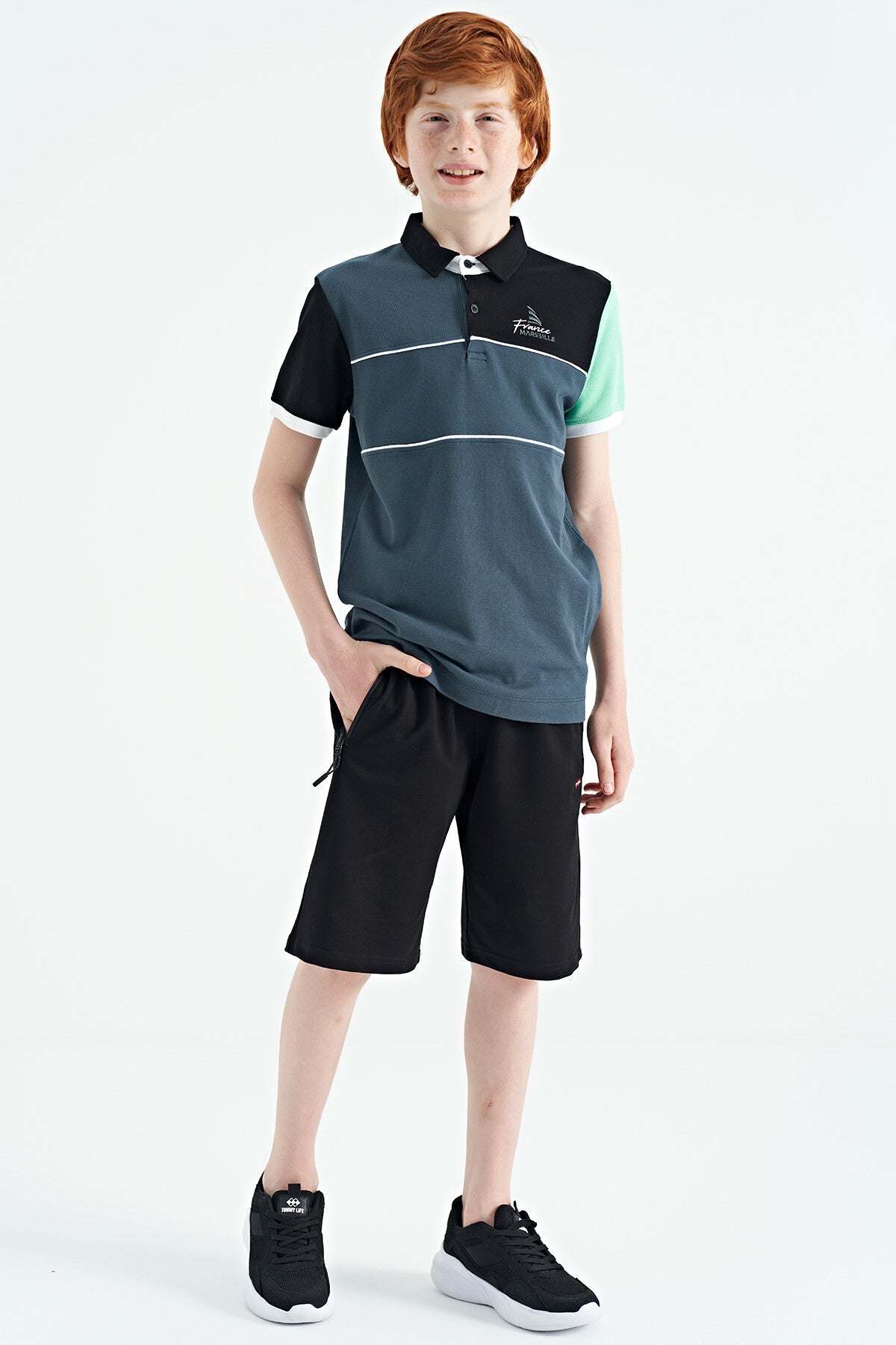 Forest Green Color Block Embroidered Letter Detailed Standard Pattern Polo Collar Boys T-Shirt - 11109