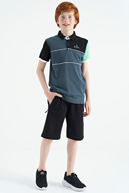 Forest Green Color Block Embroidered Letter Detailed Standard Pattern Polo Collar Boys T-Shirt - 11109