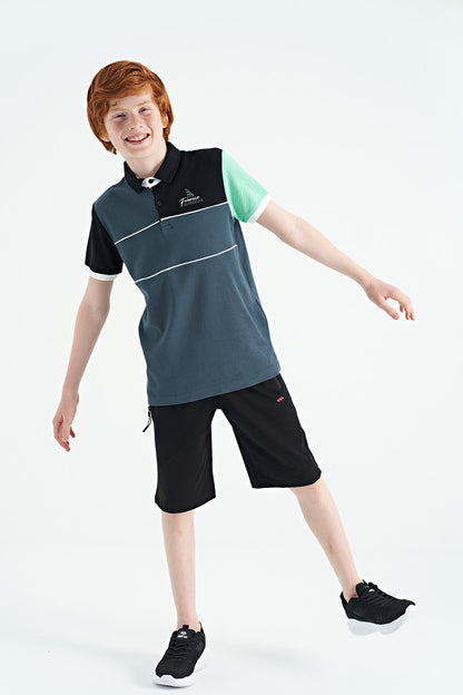 Forest Green Color Block Embroidered Letter Detailed Standard Pattern Polo Collar Boys T-Shirt - 11109