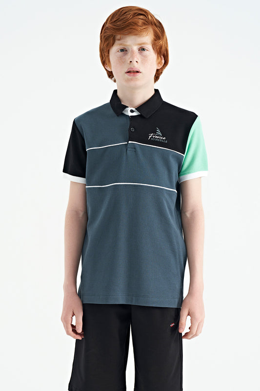 Forest Green Color Block Embroidered Letter Detailed Standard Pattern Polo Collar Boys T-Shirt - 11109