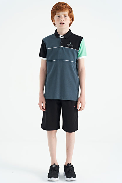 Forest Green Color Block Embroidered Letter Detailed Standard Pattern Polo Collar Boys T-Shirt - 11109