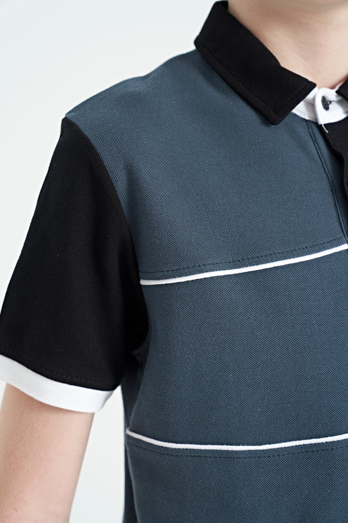 Forest Green Color Block Embroidered Letter Detailed Standard Pattern Polo Collar Boys T-Shirt - 11109