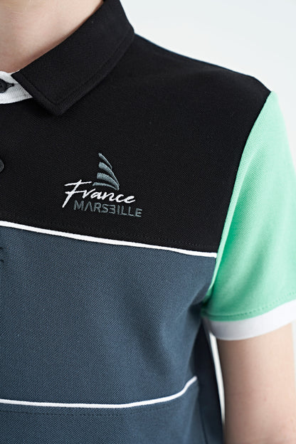 Forest Green Color Block Embroidered Letter Detailed Standard Pattern Polo Collar Boys T-Shirt - 11109