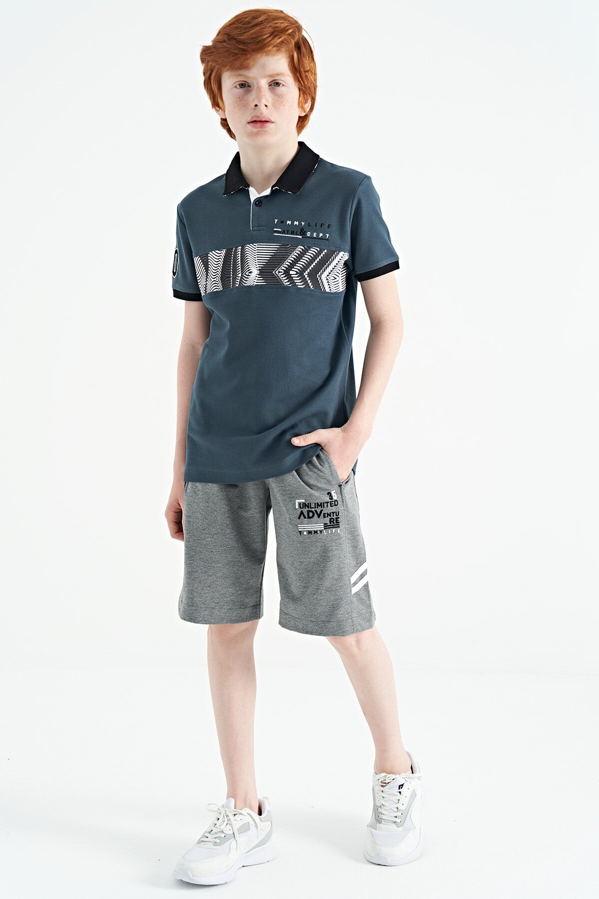 Forest Green Striped Print Detailed Polo Collar Standard Cut Boys' T-Shirt - 11162