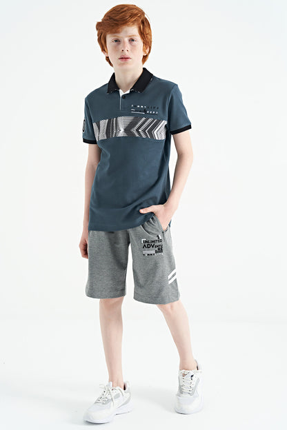 Forest Green Striped Print Detailed Polo Collar Standard Cut Boys' T-Shirt - 11162