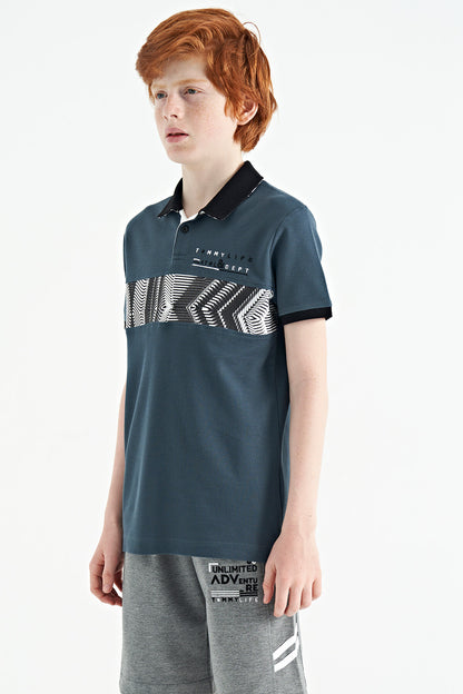 Forest Green Striped Print Detailed Polo Collar Standard Cut Boys' T-Shirt - 11162