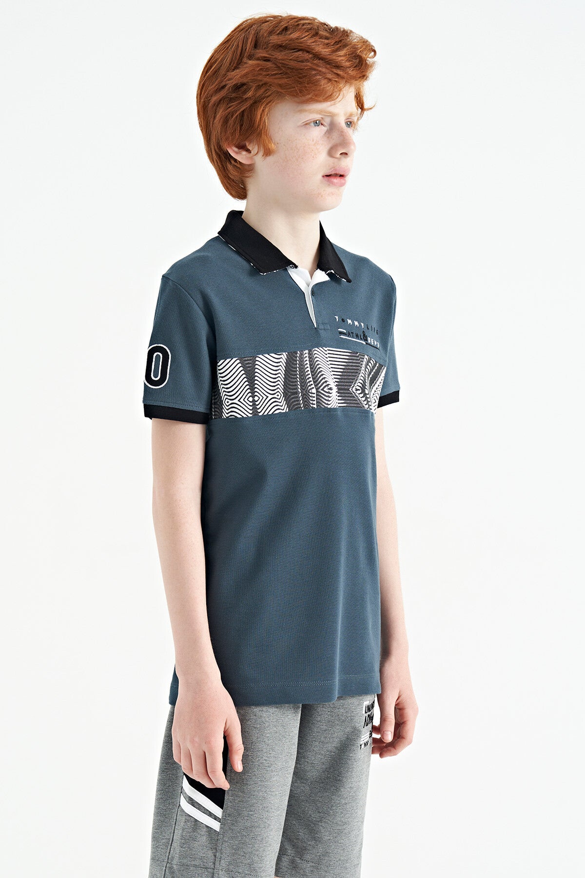 Forest Green Striped Print Detailed Polo Collar Standard Cut Boys' T-Shirt - 11162