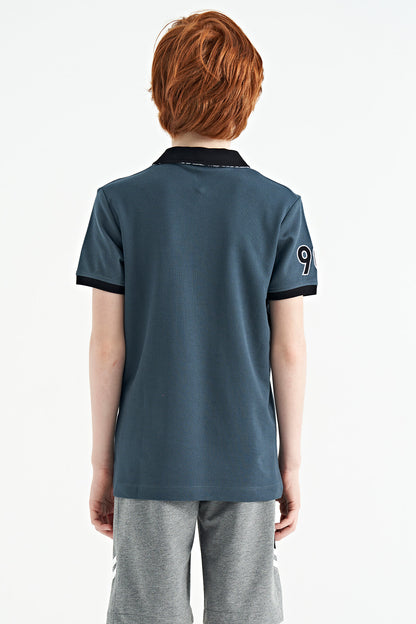 Forest Green Striped Print Detailed Polo Collar Standard Cut Boys' T-Shirt - 11162