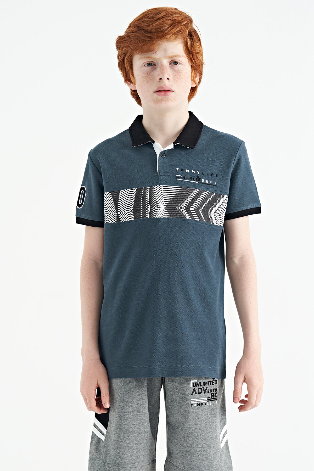 Forest Green Striped Print Detailed Polo Collar Standard Cut Boys' T-Shirt - 11162