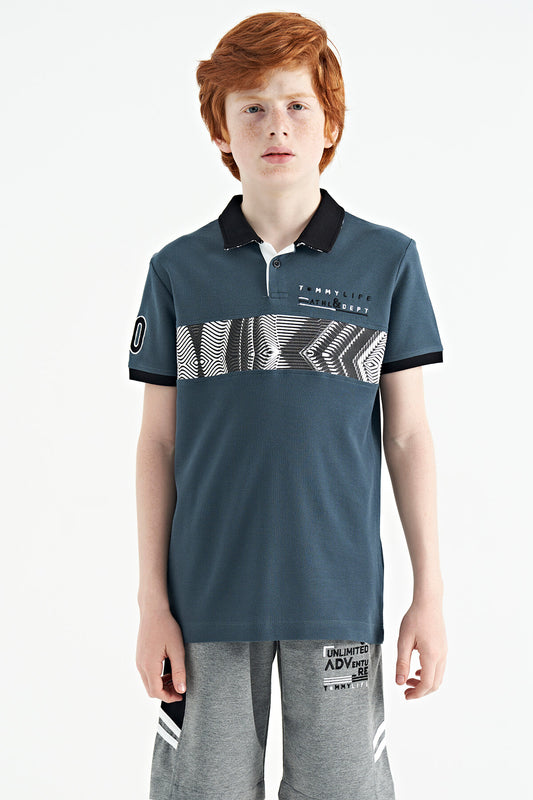 Forest Green Striped Print Detailed Polo Collar Standard Cut Boys' T-Shirt - 11162