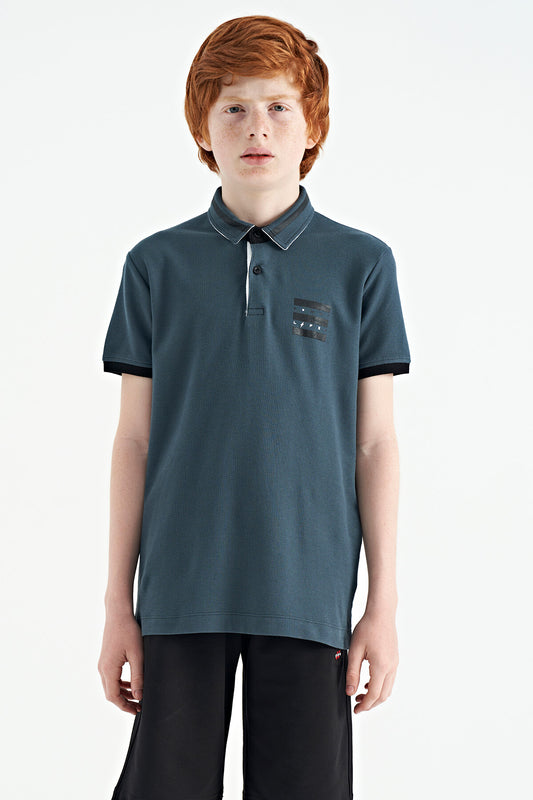 Forest Green Collar Color Block Print Detailed Standard Cut Boys T-Shirt - 11111