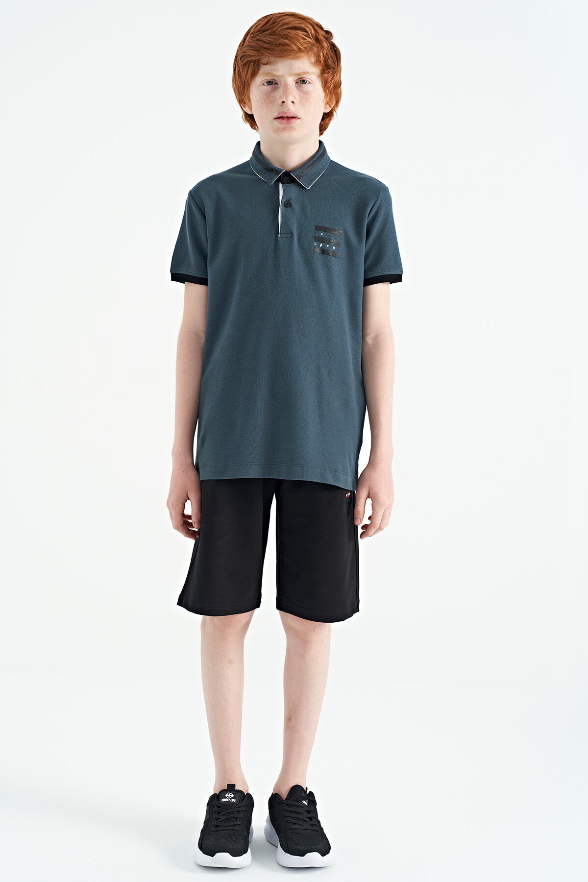 Forest Green Collar Color Block Print Detailed Standard Cut Boys T-Shirt - 11111