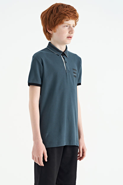 Forest Green Collar Color Block Print Detailed Standard Cut Boys T-Shirt - 11111