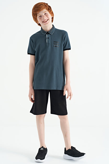 Forest Green Collar Color Block Print Detailed Standard Cut Boys T-Shirt - 11111