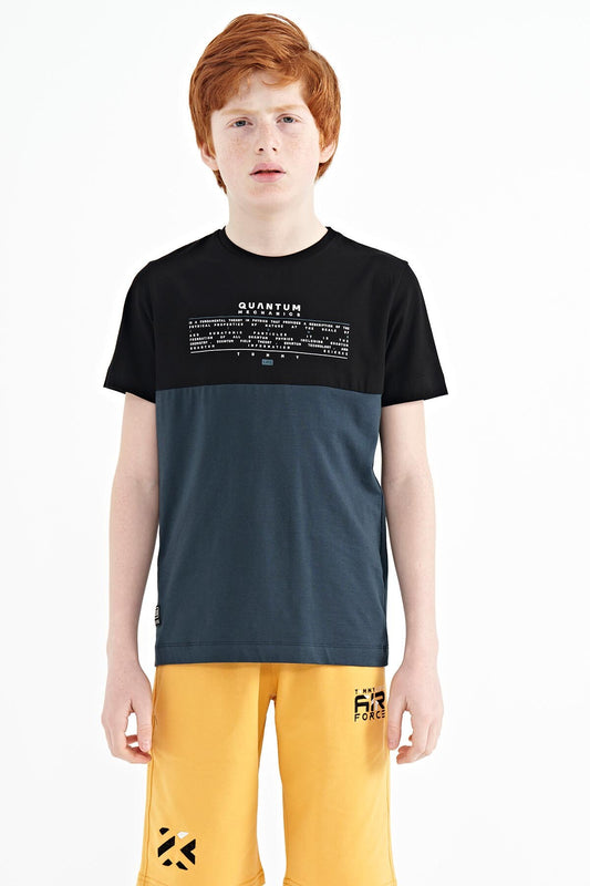 Forest Green Printed Lettering Color Block Standard Fit O Collar Boys T-Shirt - 11134