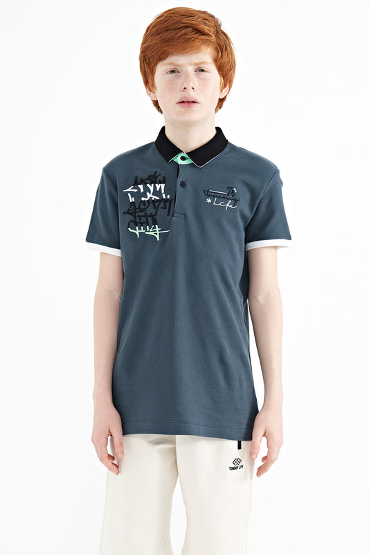 Forest Green Embroidered Detailed Standard Pattern Polo Collar Boys' T-Shirt - 11085