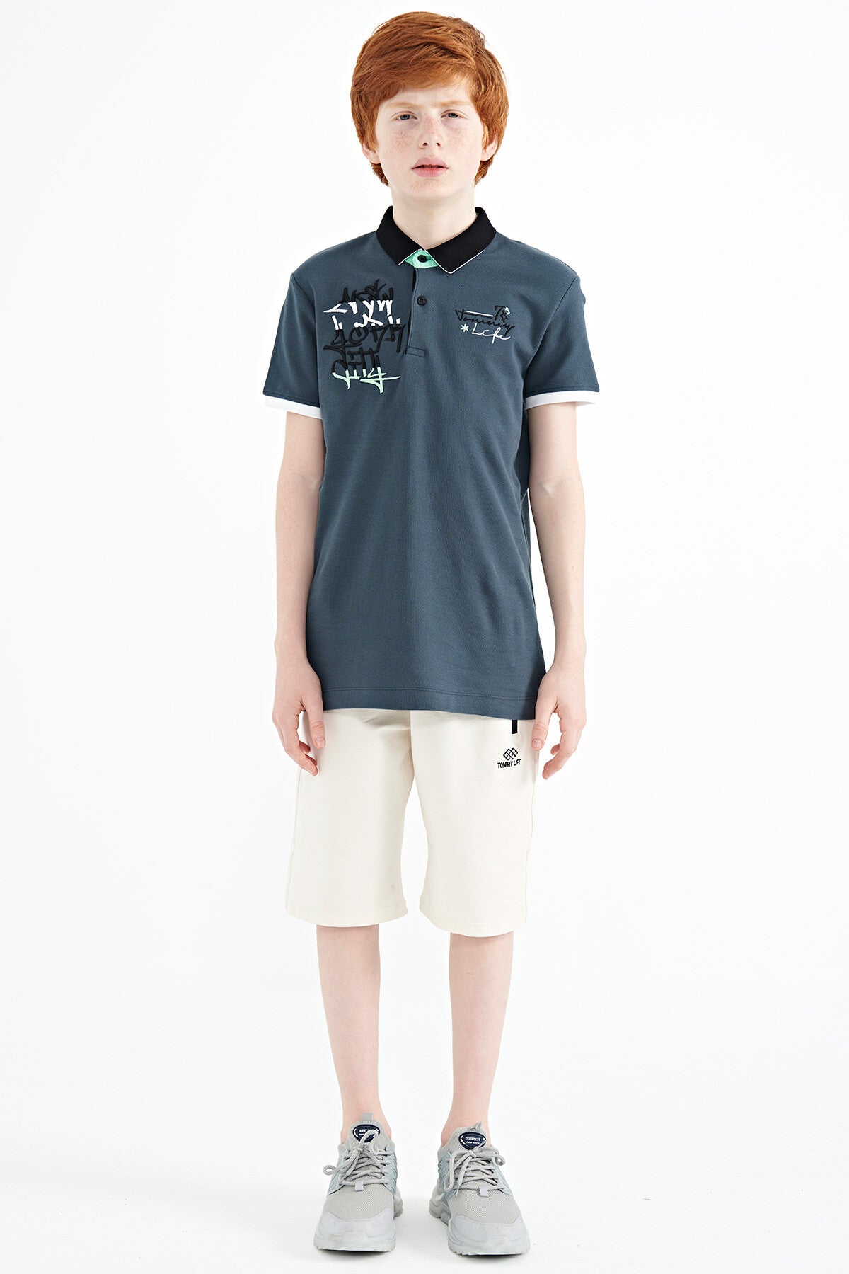Forest Green Embroidered Detailed Standard Pattern Polo Collar Boys' T-Shirt - 11085