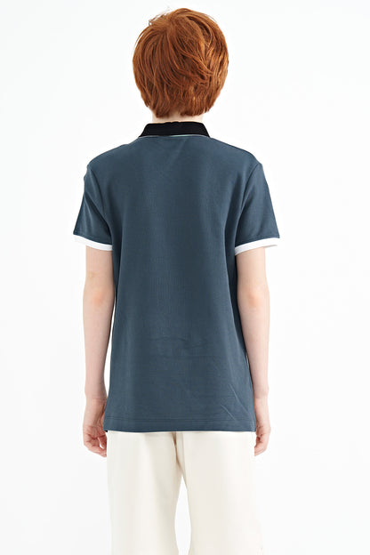 Forest Green Embroidered Detailed Standard Pattern Polo Collar Boys' T-Shirt - 11085