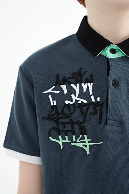 Forest Green Embroidered Detailed Standard Pattern Polo Collar Boys' T-Shirt - 11085