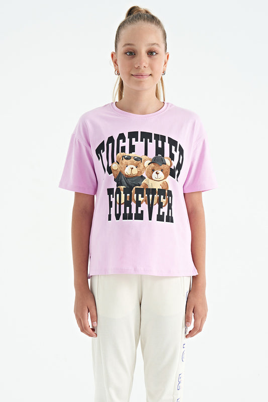 Pink Teddy Bear Print O Collar Oversize Short Sleeve Girls' T-Shirt - 75116
