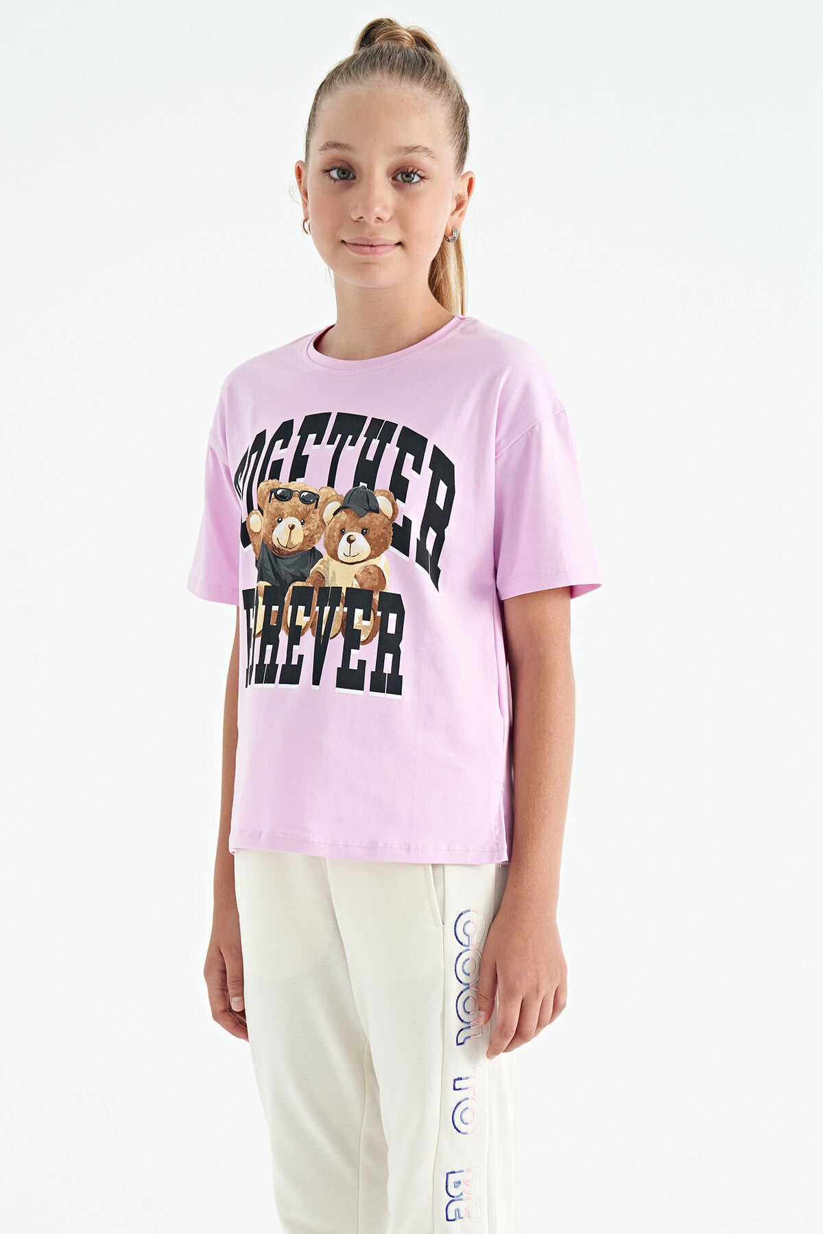 Pink Teddy Bear Print O Collar Oversize Short Sleeve Girls' T-Shirt - 75116