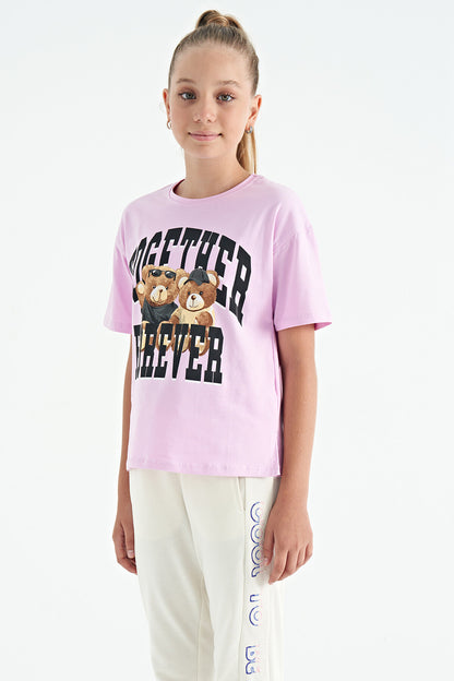Pink Teddy Bear Print O Collar Oversize Short Sleeve Girls' T-Shirt - 75116
