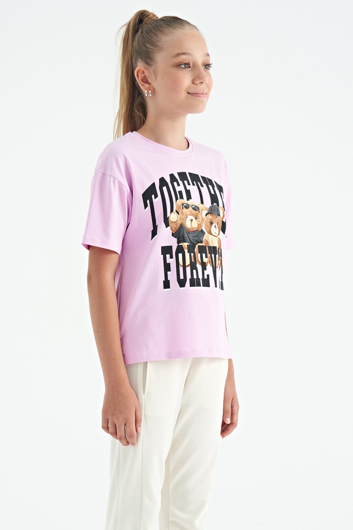 Pink Teddy Bear Print O Collar Oversize Short Sleeve Girls' T-Shirt - 75116