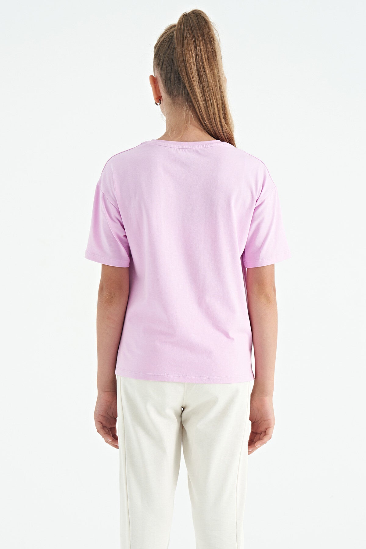 Pink Teddy Bear Print O Collar Oversize Short Sleeve Girls' T-Shirt - 75116