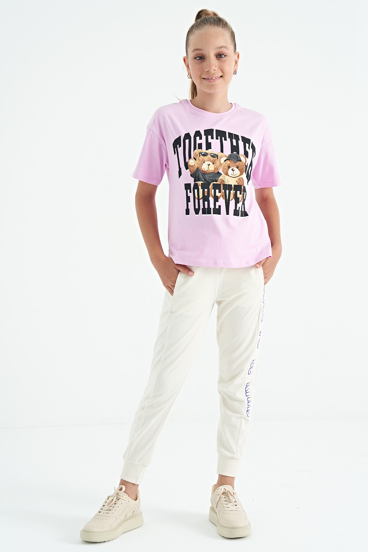 Pink Teddy Bear Print O Collar Oversize Short Sleeve Girls' T-Shirt - 75116