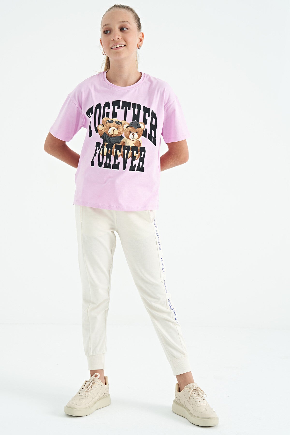 Pink Teddy Bear Print O Collar Oversize Short Sleeve Girls' T-Shirt - 75116