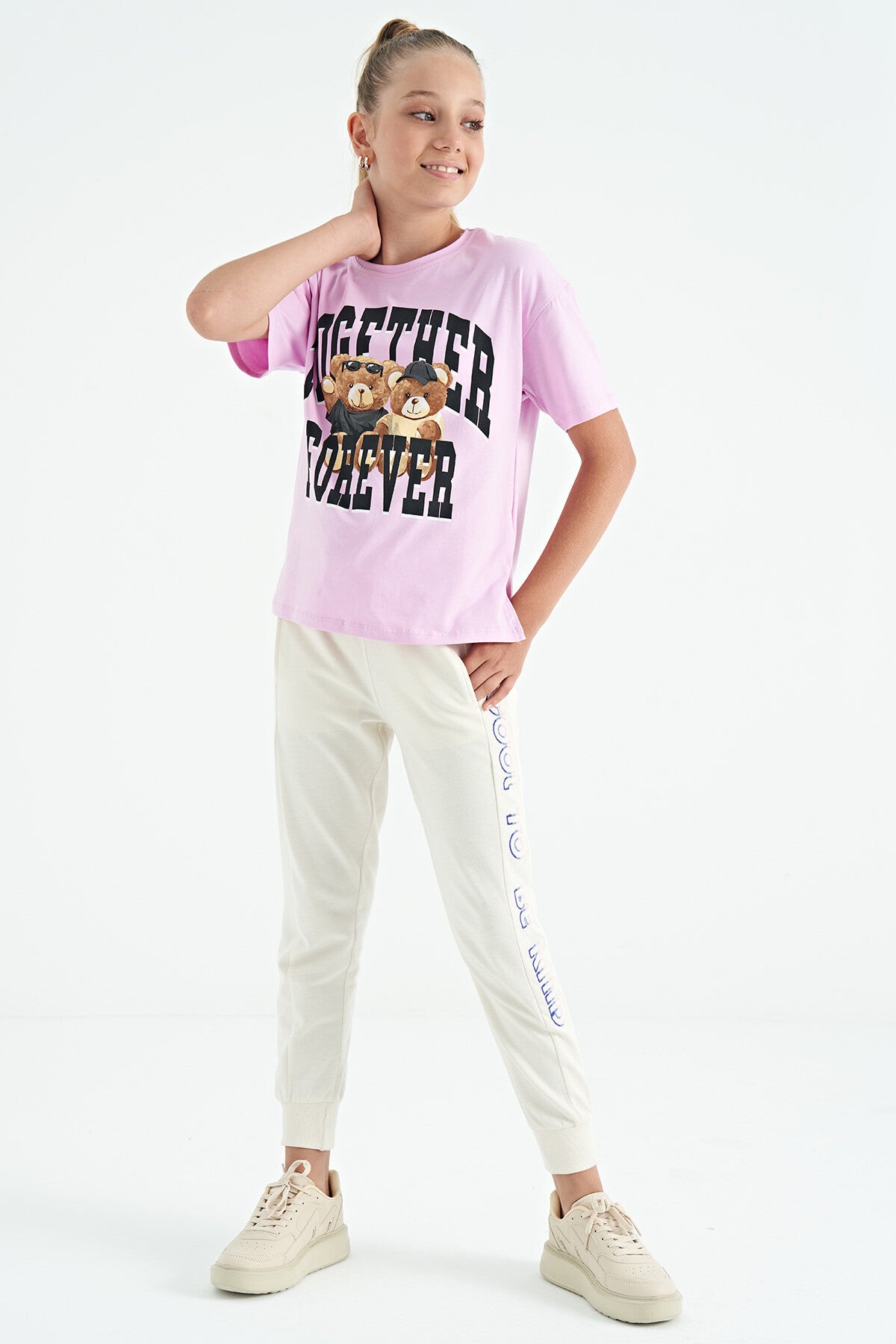Pink Teddy Bear Print O Collar Oversize Short Sleeve Girls' T-Shirt - 75116