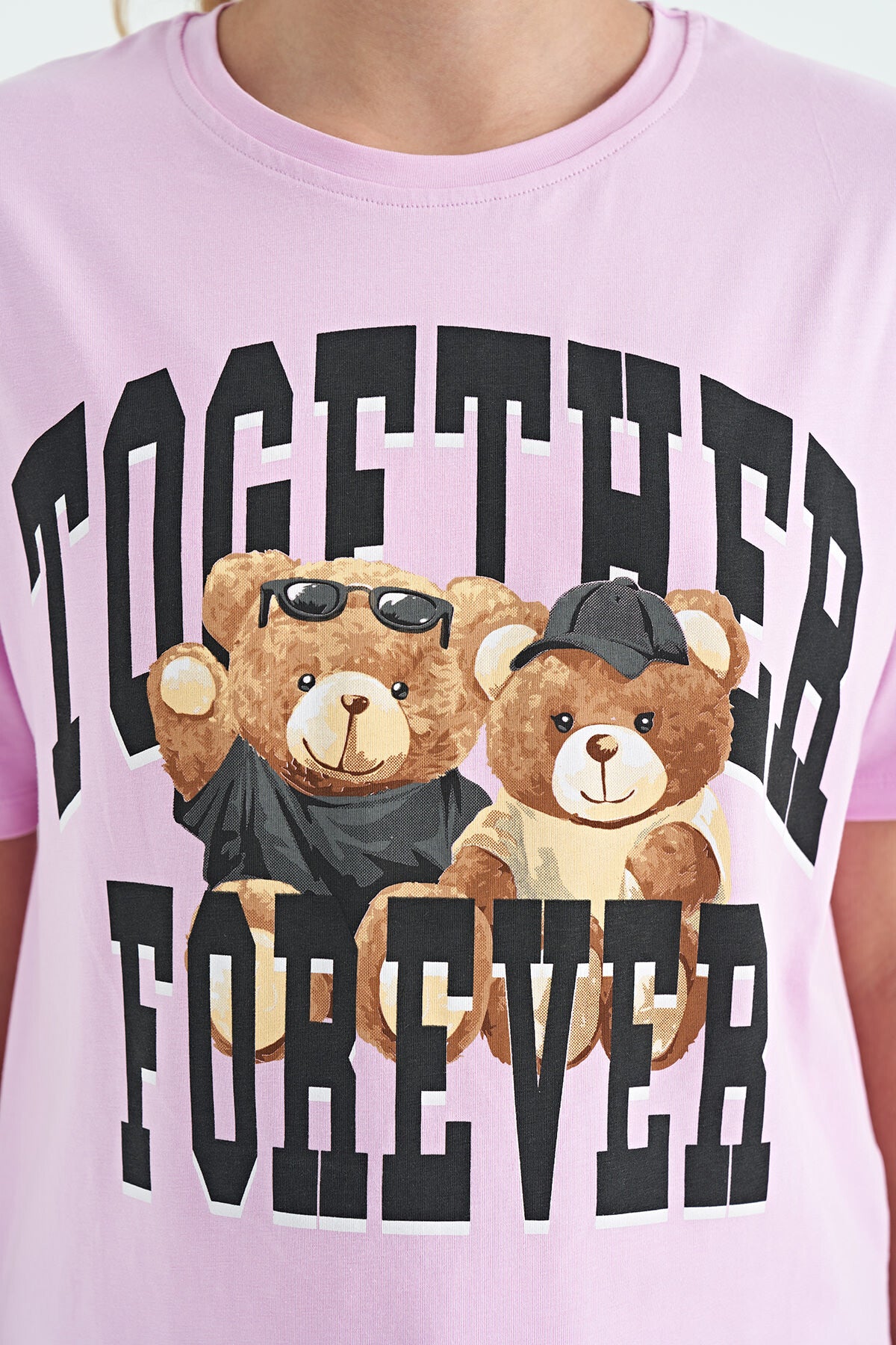 Pink Teddy Bear Print O Collar Oversize Short Sleeve Girls' T-Shirt - 75116