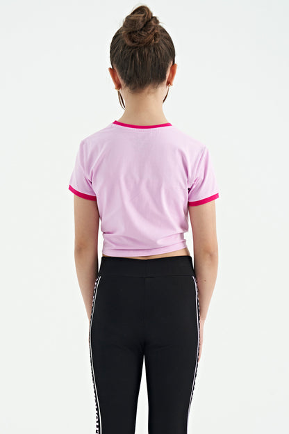 Pink Print Detailed O Collar Multi-Colored Tie Detailed Girl's T-Shirt - 75113