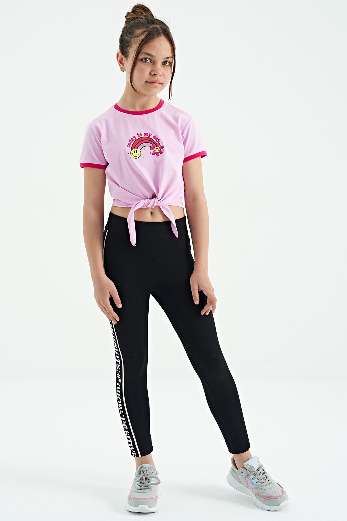 Pink Print Detailed O Collar Multi-Colored Tie Detailed Girl's T-Shirt - 75113