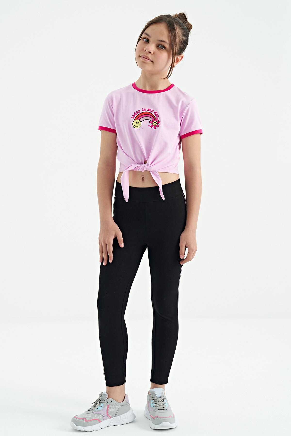 Pink Print Detailed O Collar Multi-Colored Tie Detailed Girl's T-Shirt - 75113