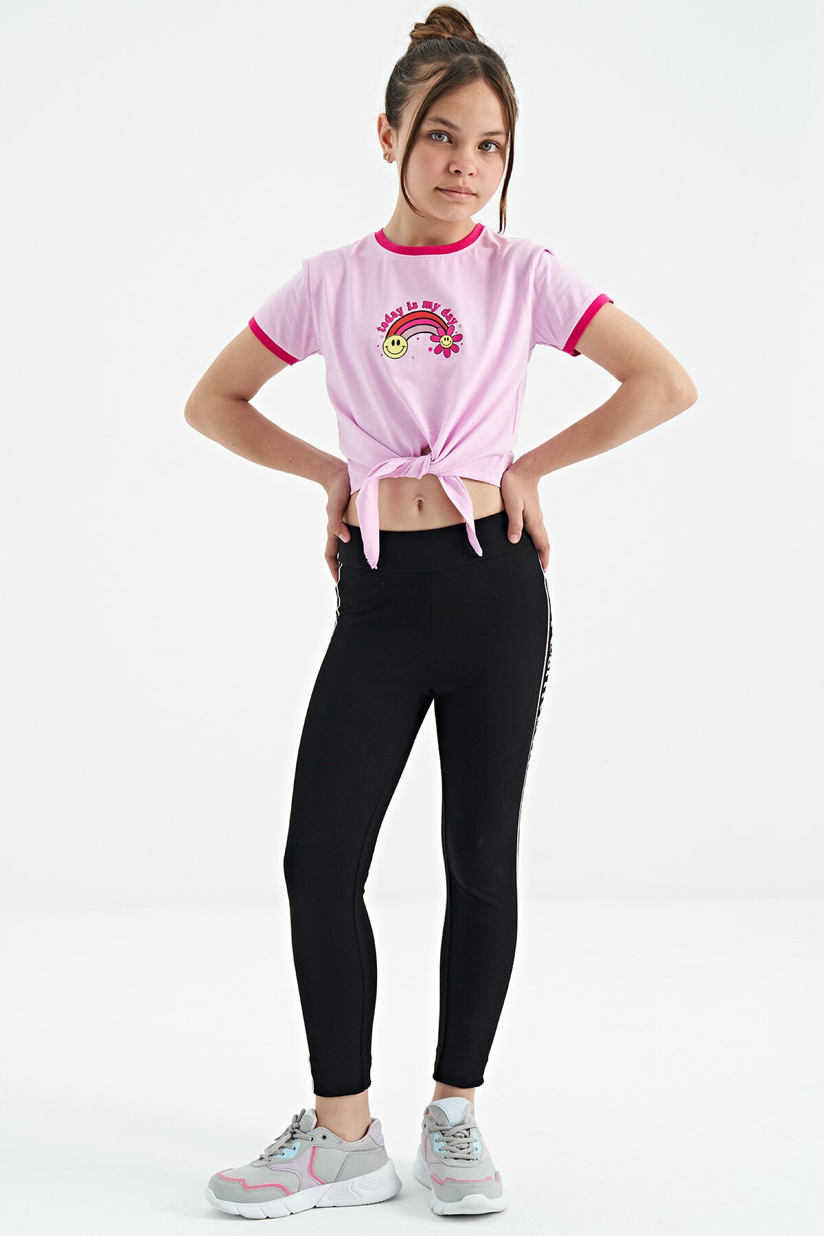 Pink Print Detailed O Collar Multi-Colored Tie Detailed Girl's T-Shirt - 75113