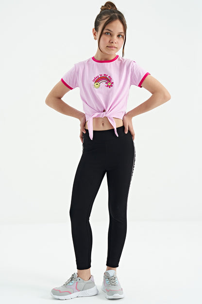 Pink Print Detailed O Collar Multi-Colored Tie Detailed Girl's T-Shirt - 75113
