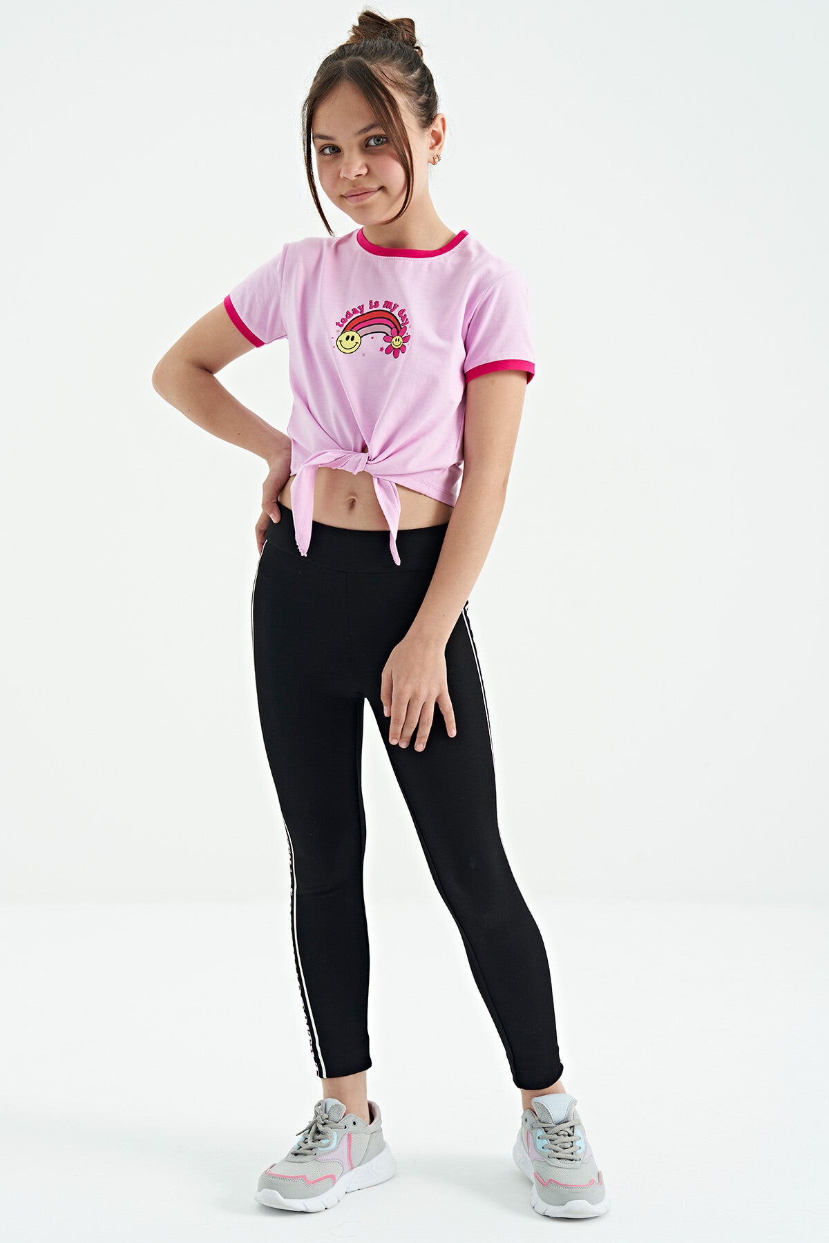 Pink Print Detailed O Collar Multi-Colored Tie Detailed Girl's T-Shirt - 75113