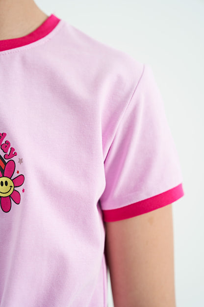 Pink Print Detailed O Collar Multi-Colored Tie Detailed Girl's T-Shirt - 75113