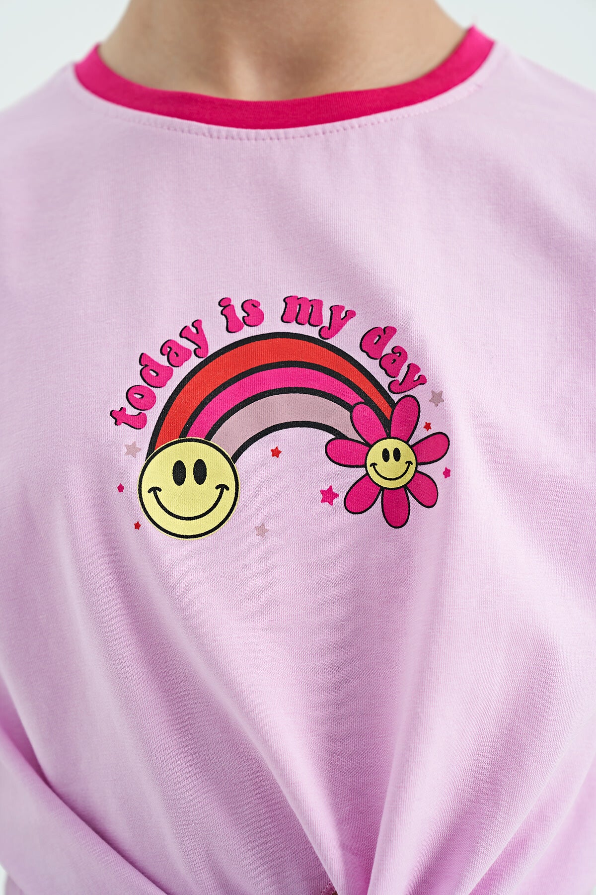 Pink Print Detailed O Collar Multi-Colored Tie Detailed Girl's T-Shirt - 75113