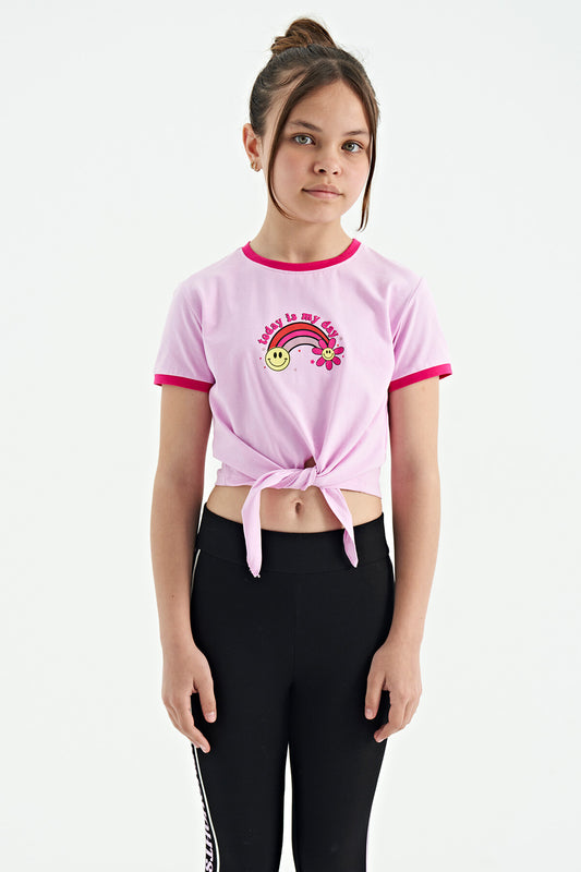 Pink Print Detailed O Collar Multi-Colored Tie Detailed Girl's T-Shirt - 75113