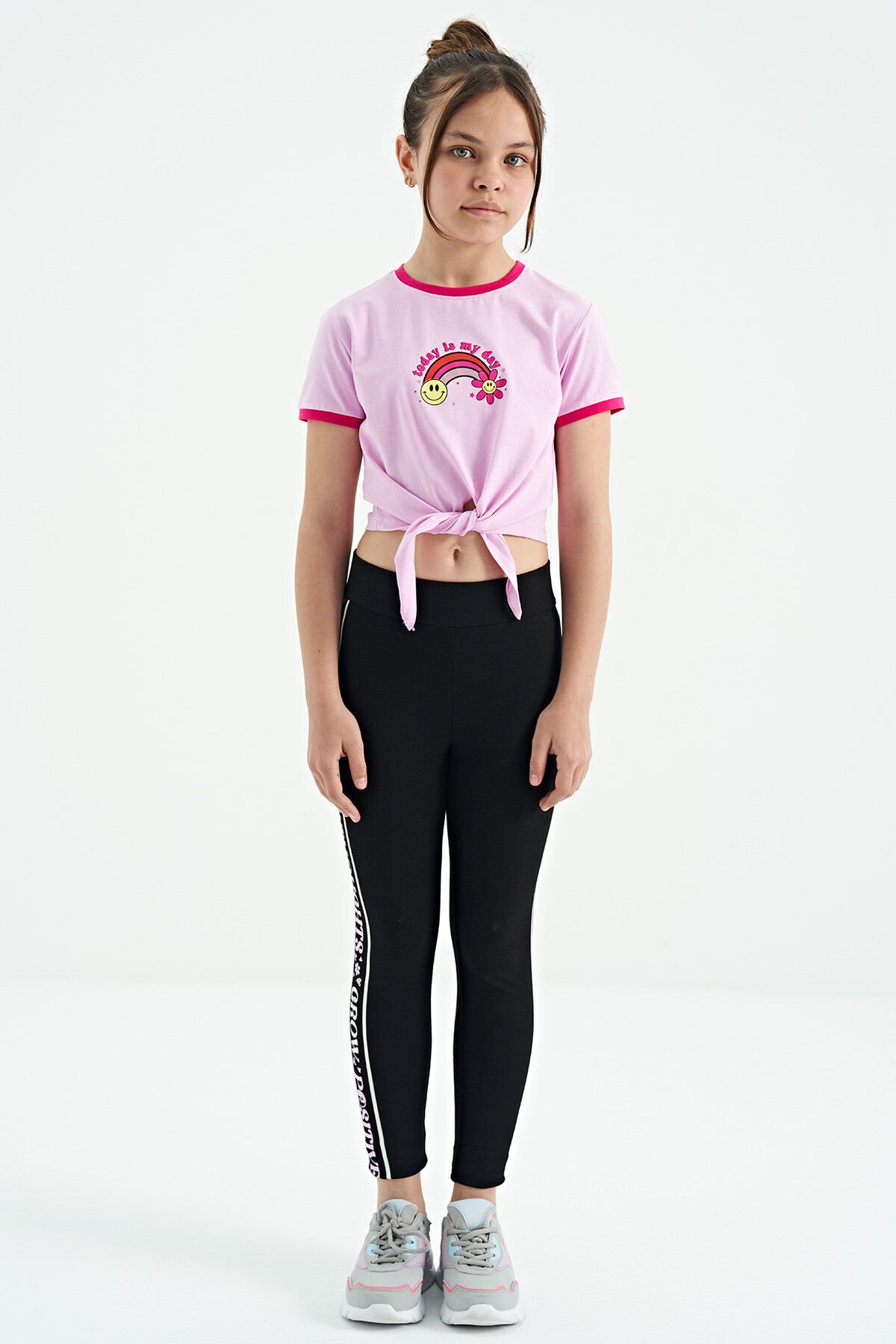 Pink Print Detailed O Collar Multi-Colored Tie Detailed Girl's T-Shirt - 75113