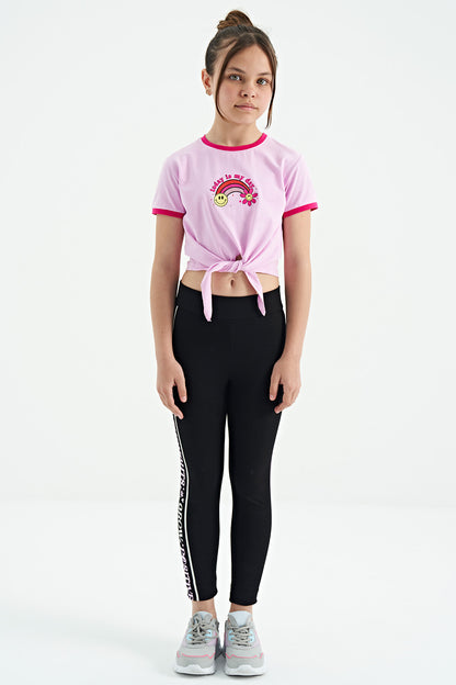 Pink Print Detailed O Collar Multi-Colored Tie Detailed Girl's T-Shirt - 75113
